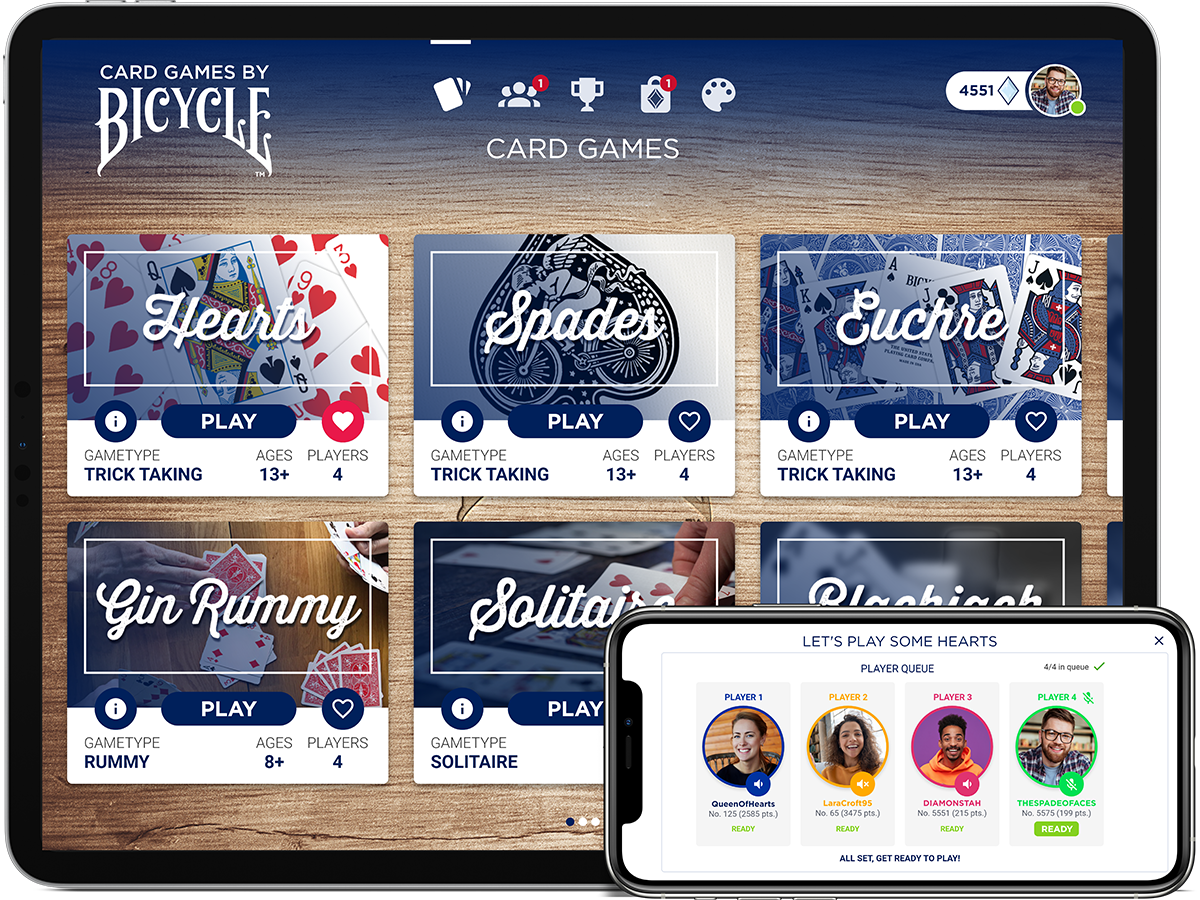 Card Games By Bicycle game shown on tablet and phone
